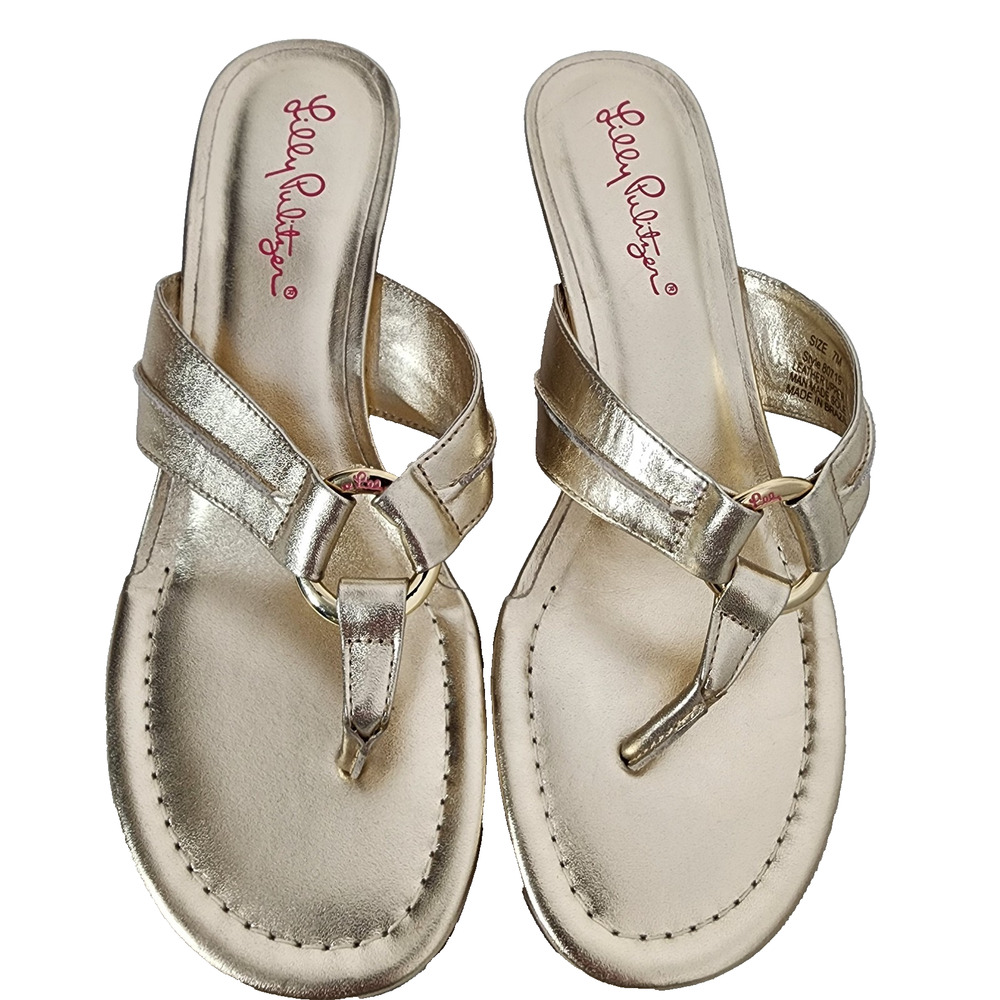 Lilly Pulitzer Womens McKim Wedge Sandal Gold Metallic Leather Thong Size 7M - Picture 3 of 10